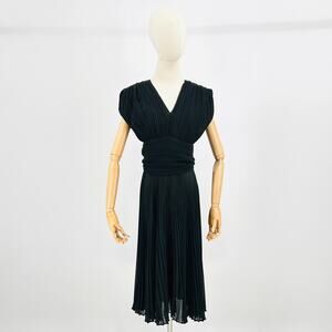 70s/80s JT Dress Black Chiffon Micro Pleat Chic Midi Sexy Little Back Dress